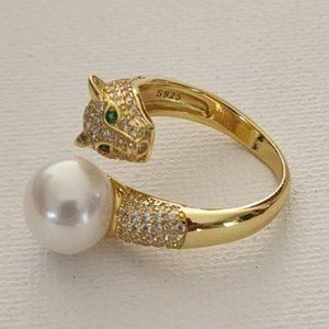925S‎ Genuine 10 mm Freshwater Pearl Adjustable Gold Ring With Leopard Design